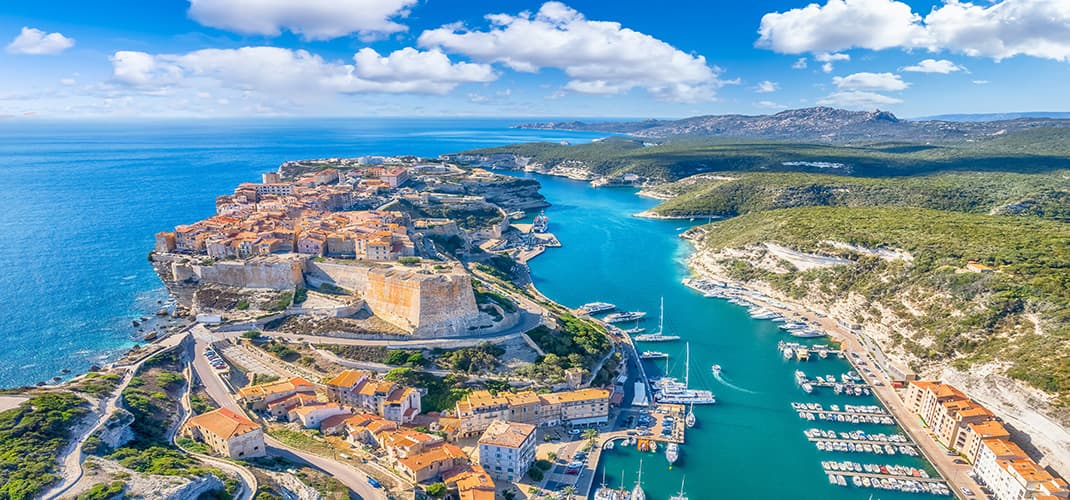 Aerial view over Bonifacio, Corsica